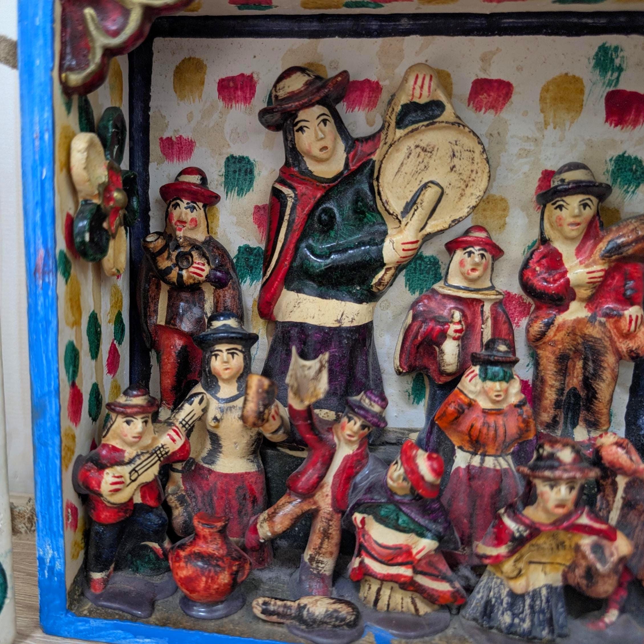 Peruvian retablo folk art, musicians scene, Ayacucho style, hand painted, 1970s