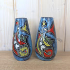 Maltese hand painted ceramic vase, fish motif, blue glaze, 1960s, choose yellow or red head