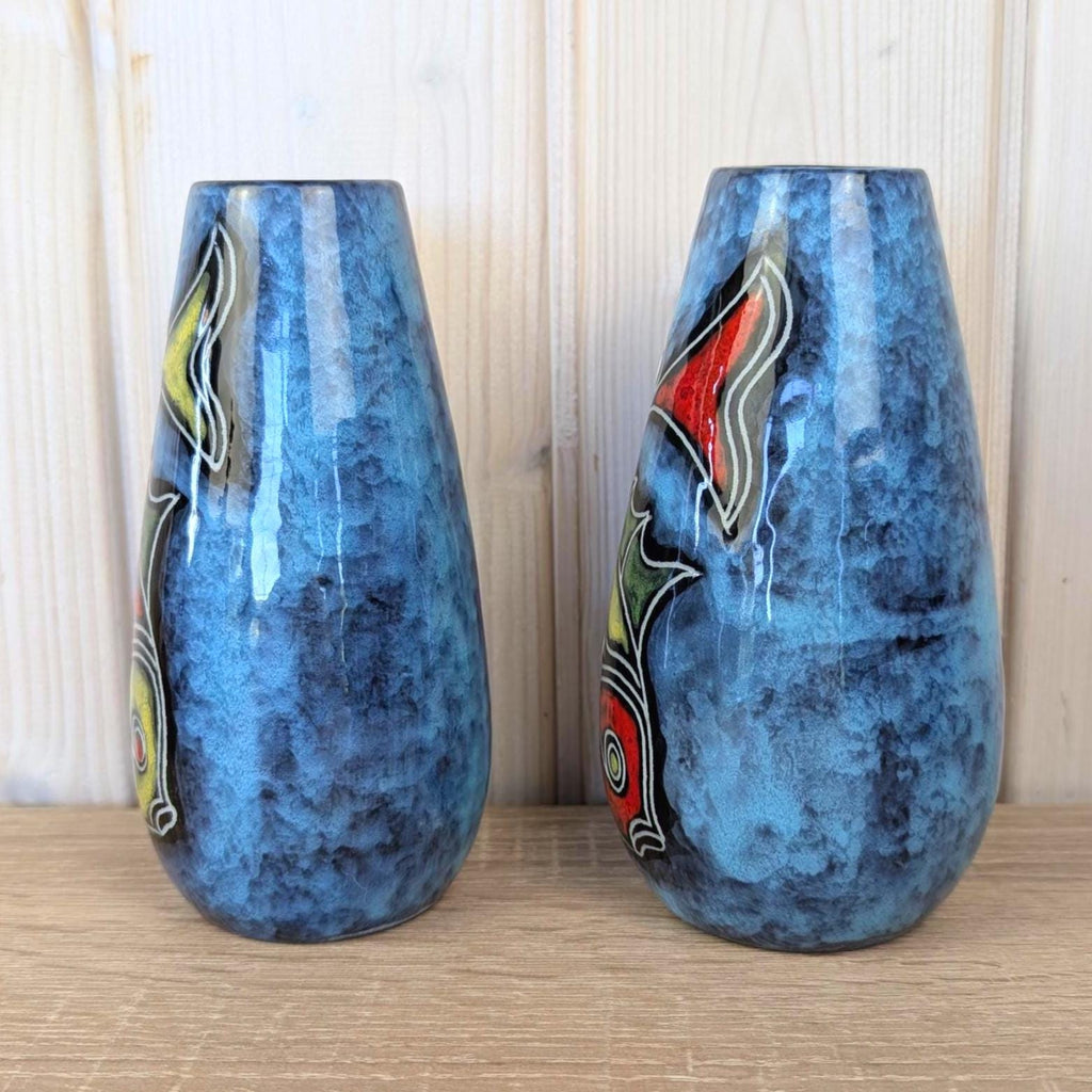 Maltese hand painted ceramic vase, fish motif, blue glaze, 1960s, choose yellow or red head