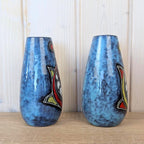 Maltese hand painted ceramic vase, fish motif, blue glaze, 1960s, choose yellow or red head