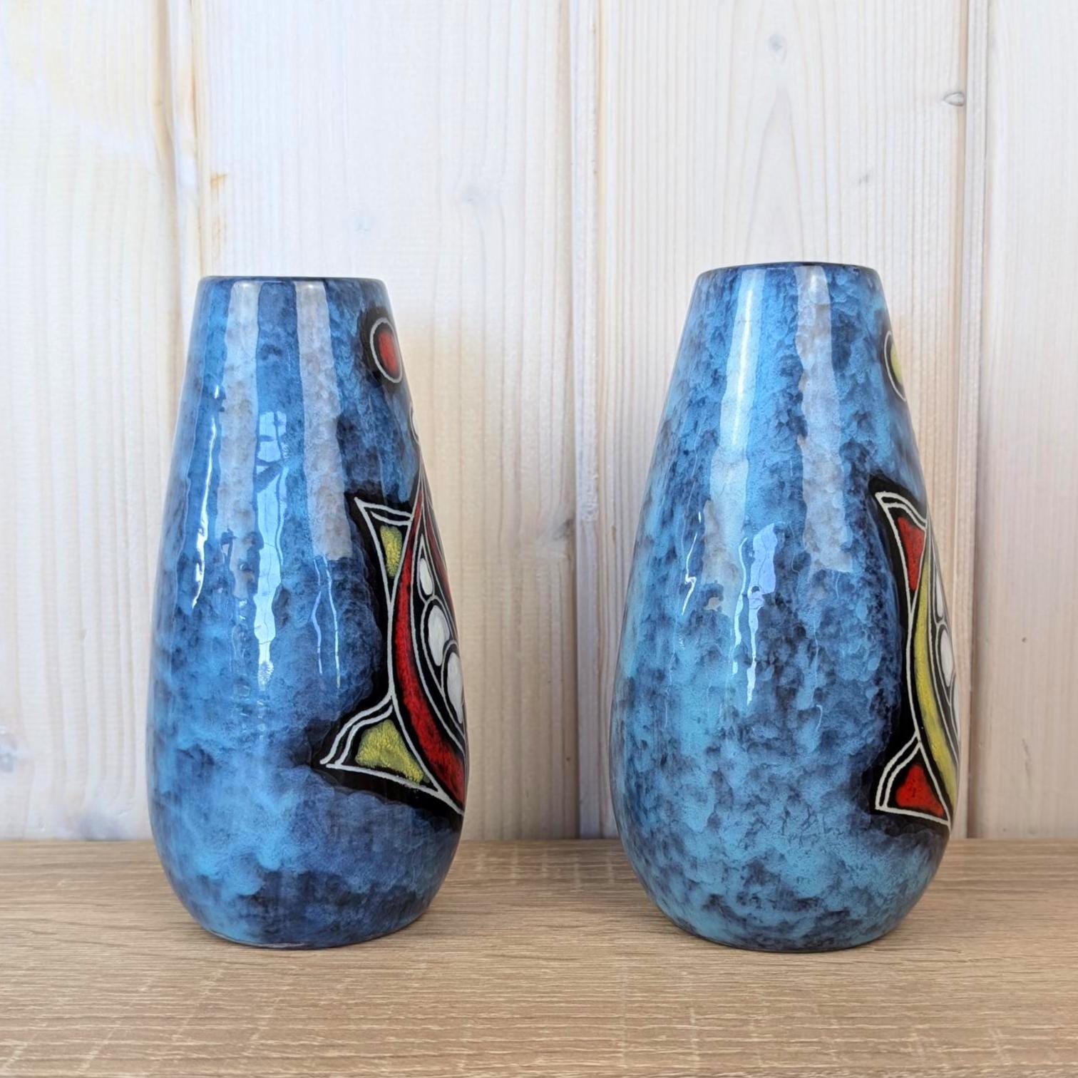 Maltese hand painted ceramic vase, fish motif, blue glaze, 1960s, choose yellow or red head