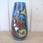 Maltese hand painted ceramic vase, fish motif, blue glaze, 1960s, choose yellow or red head