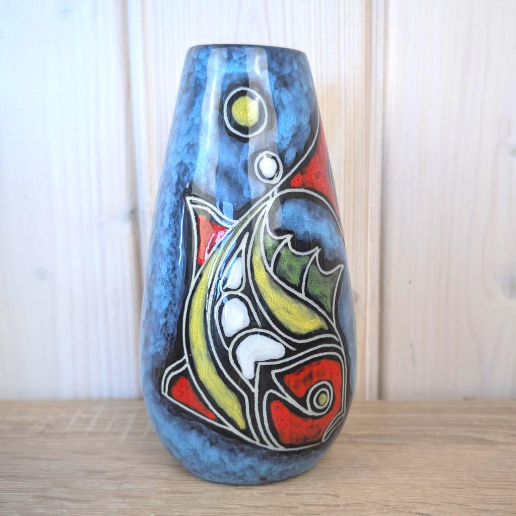 Maltese hand painted ceramic vase, fish motif, blue glaze, 1960s, choose yellow or red head