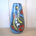 Maltese hand painted ceramic vase, fish motif, blue glaze, 1960s, choose yellow or red head