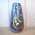 Maltese hand painted ceramic vase, fish motif, blue glaze, 1960s, choose yellow or red head
