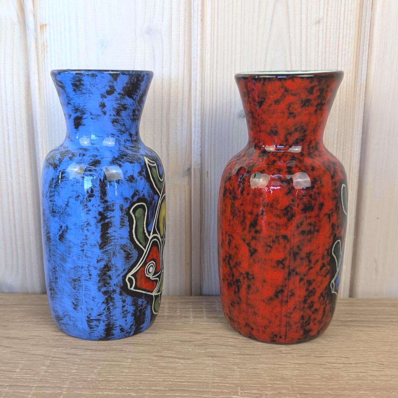 Maltese hand painted ceramic vase, fish motif, 1960s, choose blue or red glaze