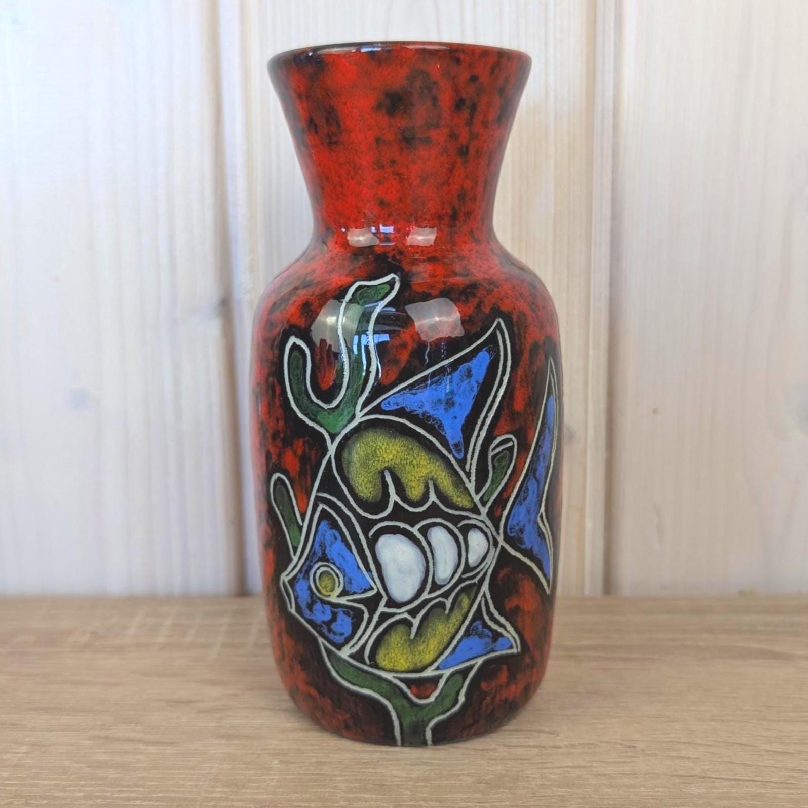 Maltese hand painted ceramic vase, fish motif, 1960s, choose blue or red glaze