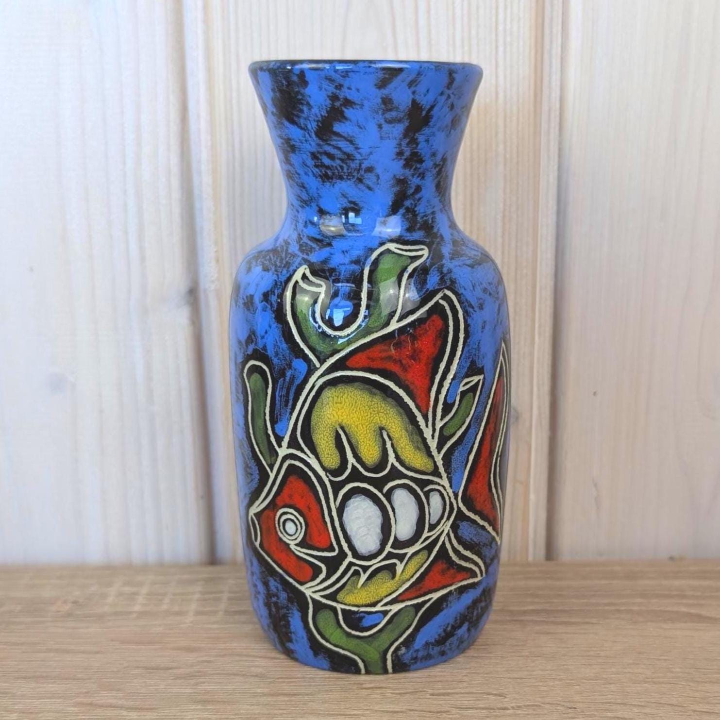 Maltese hand painted ceramic vase, fish motif, 1960s, choose blue or red glaze