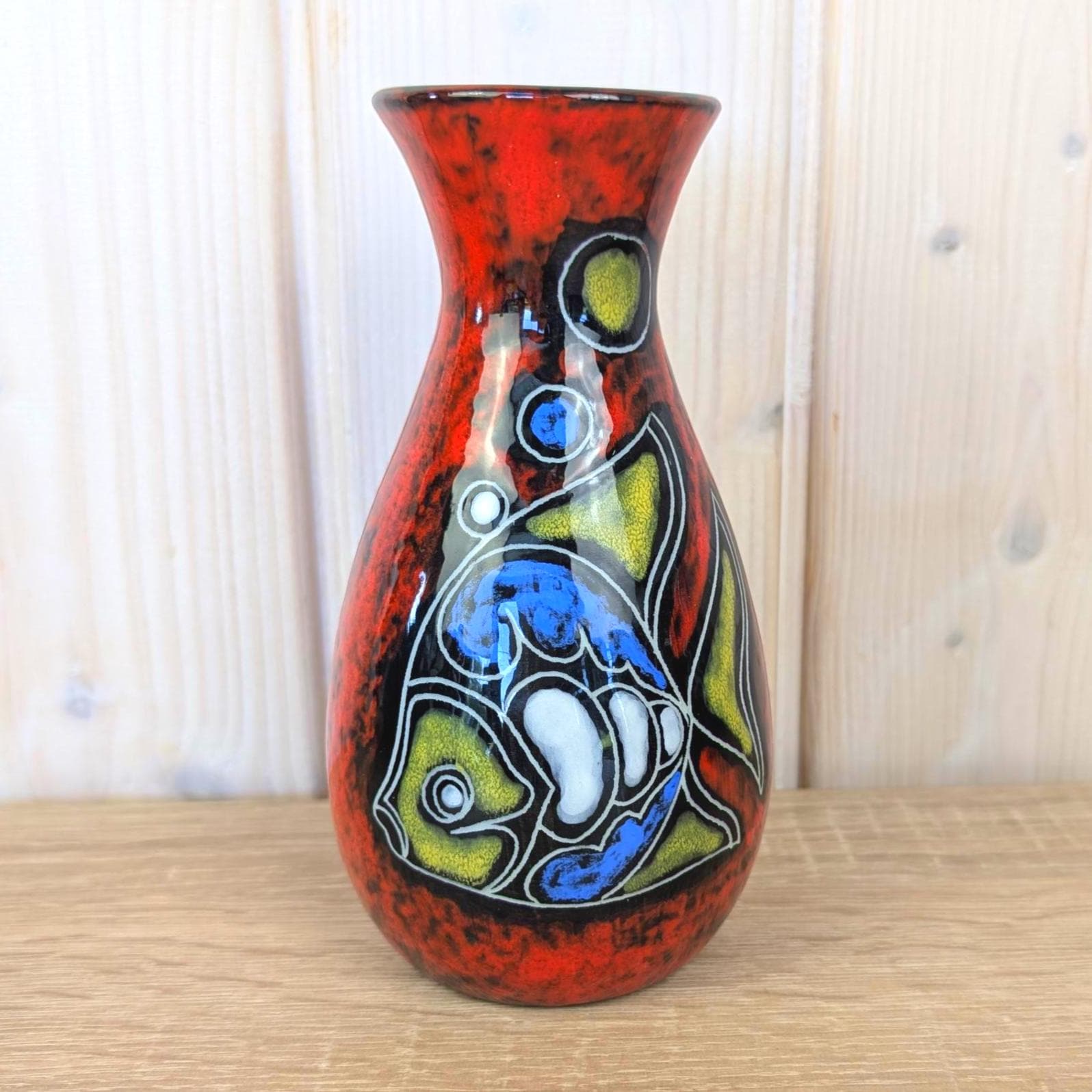 Maltese hand painted ceramic vase, fish motif, red glaze, 1960s, model 518