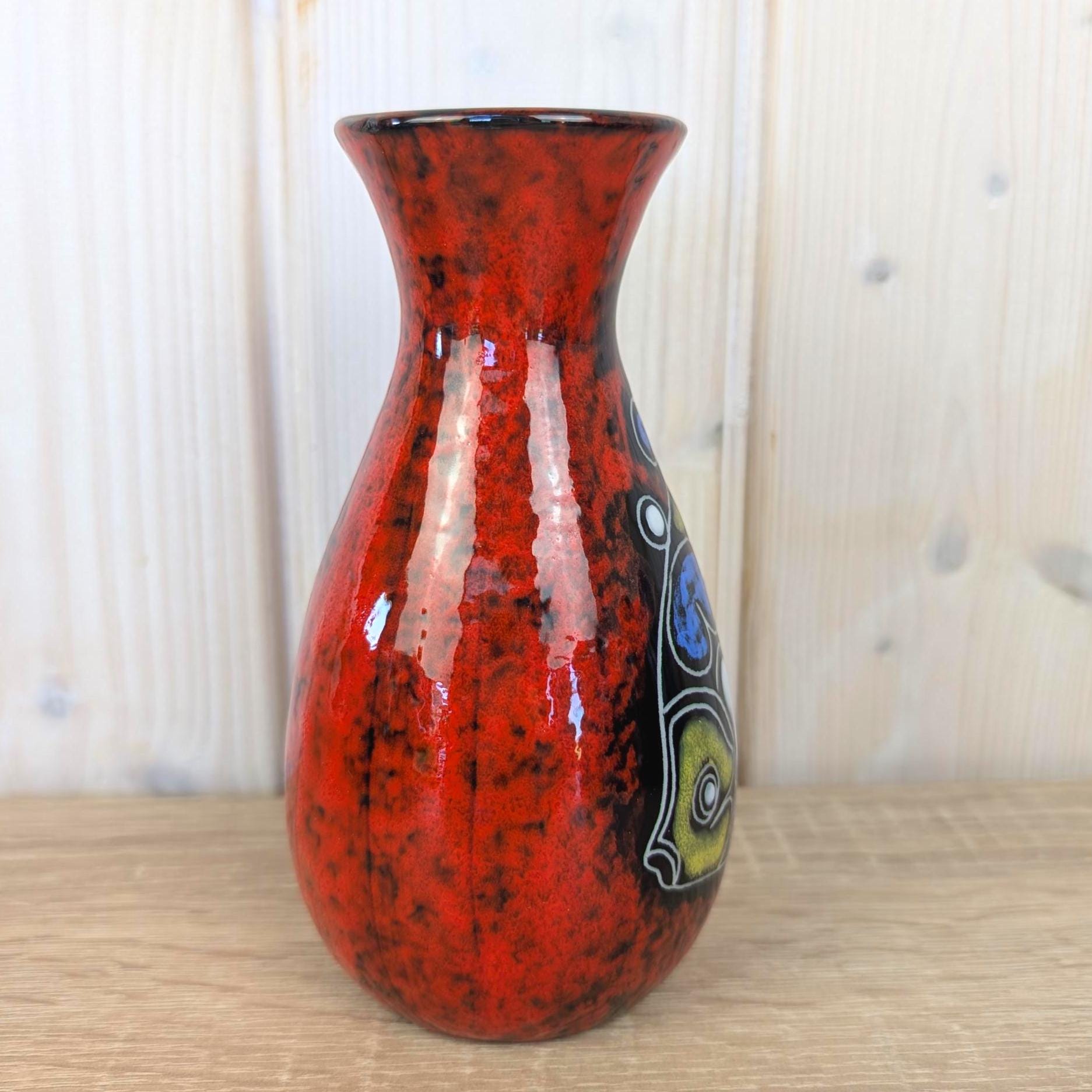 Maltese hand painted ceramic vase, fish motif, red glaze, 1960s, model 518