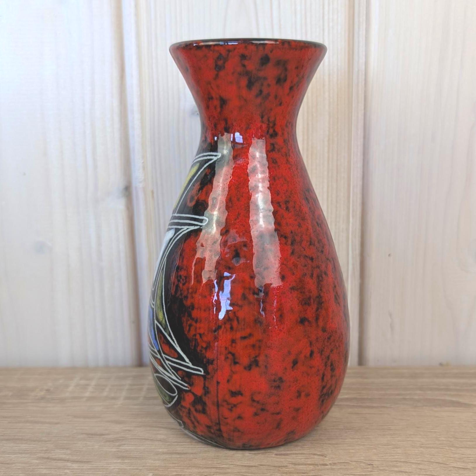 Maltese hand painted ceramic vase, sailboat motif, red glaze, 1960s, model 516