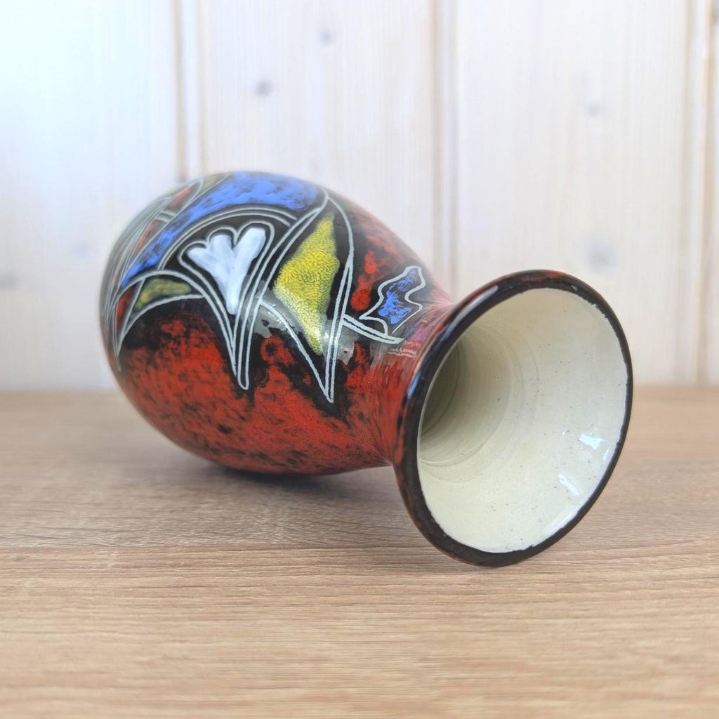 Maltese hand painted ceramic vase, sailboat motif, red glaze, 1960s, model 516