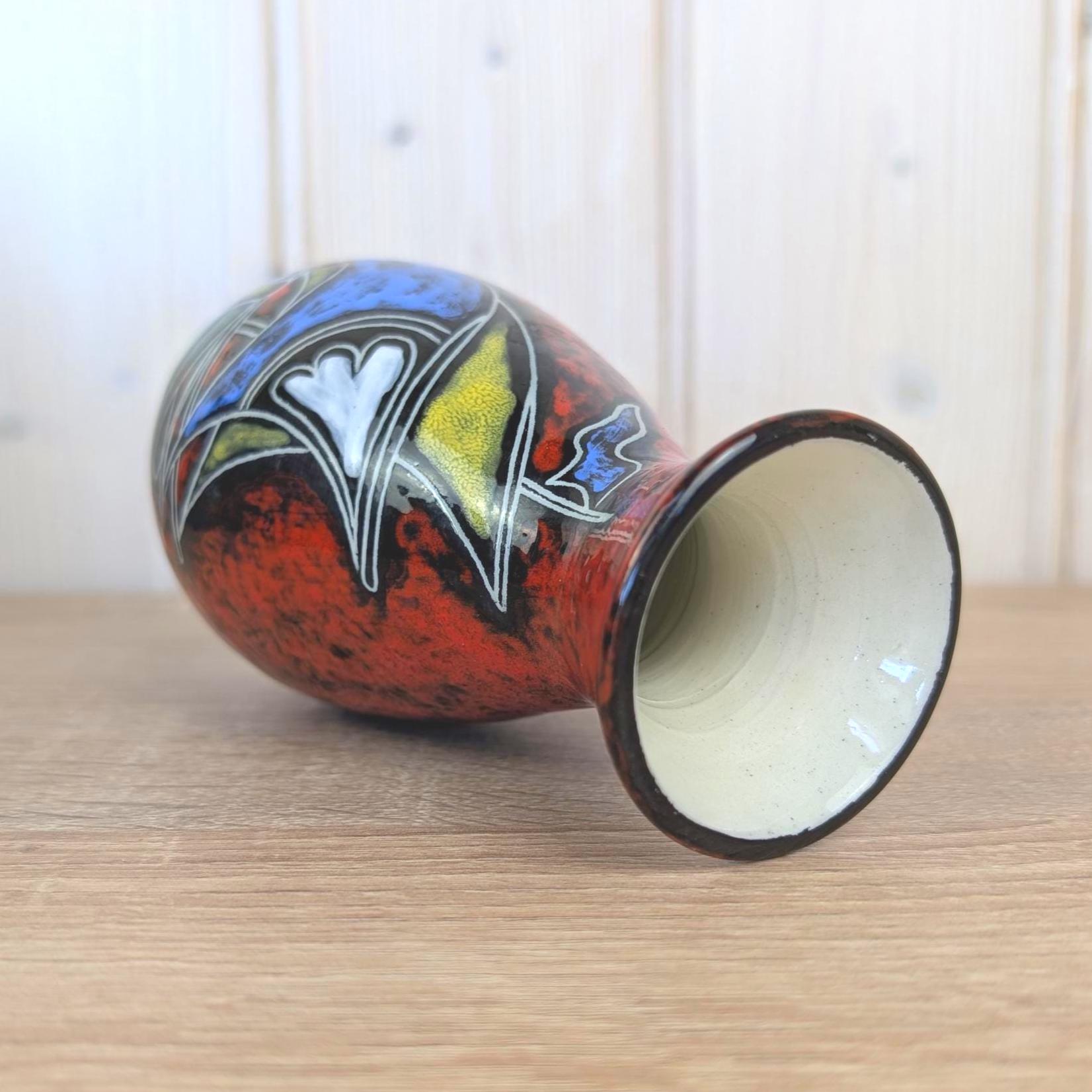Maltese hand painted ceramic vase, sailboat motif, red glaze, 1960s, model 516