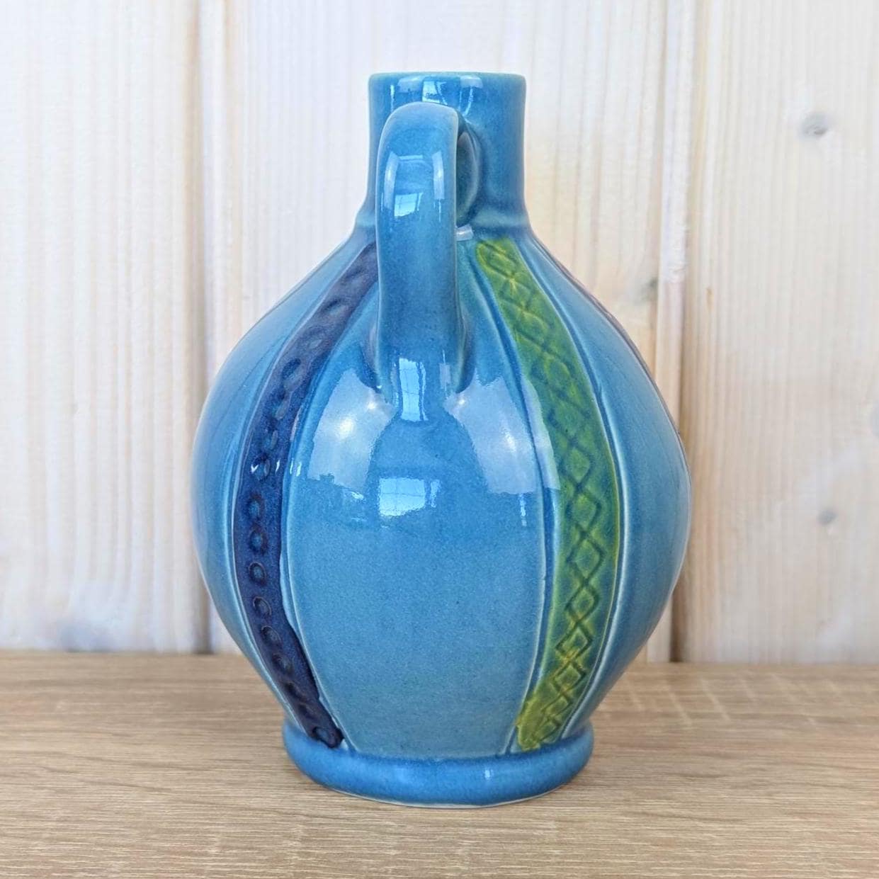 Malta ceramic jug, fish motif, blue glaze, ribbed body, 1960s, model K1