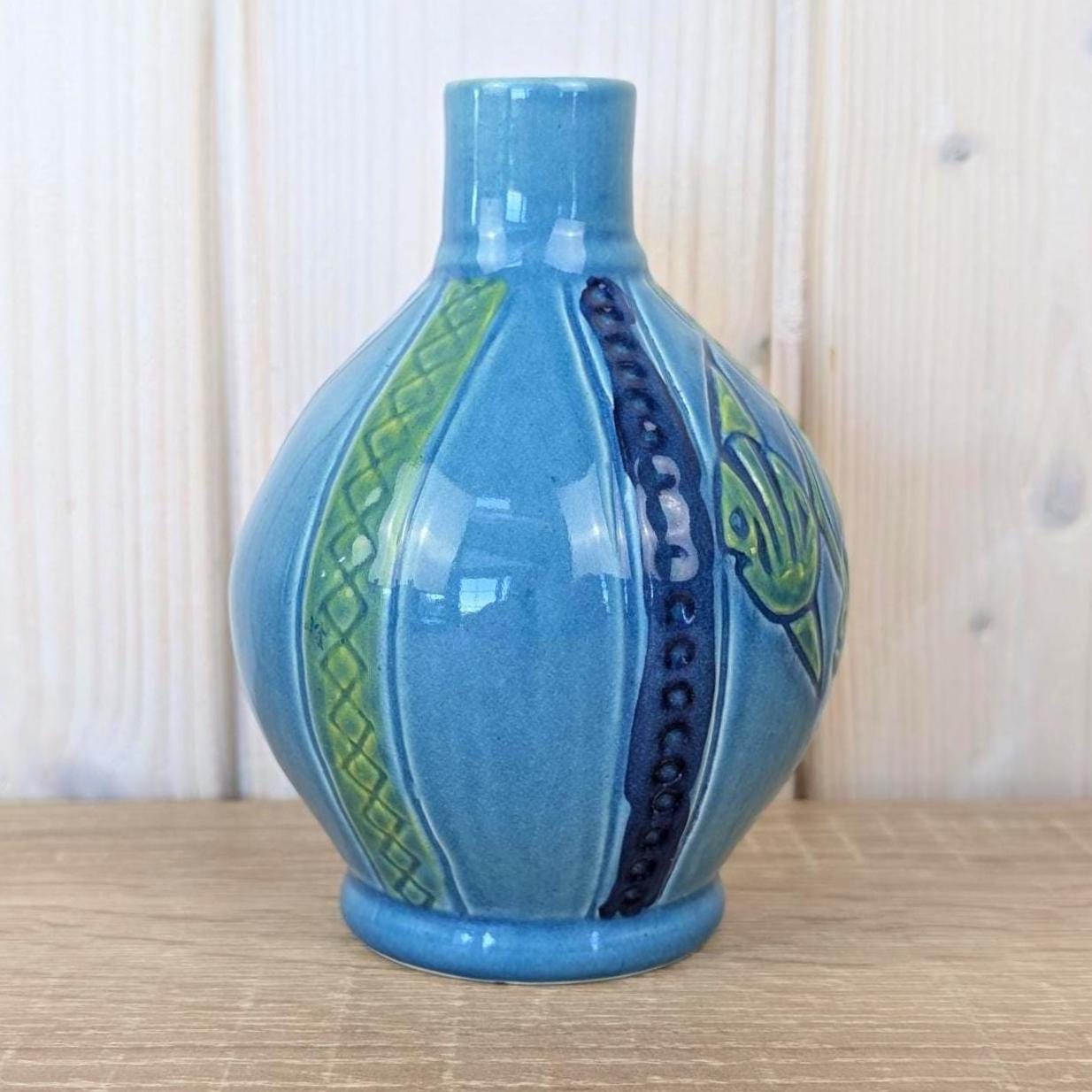 Malta ceramic jug, fish motif, blue glaze, ribbed body, 1960s, model K1