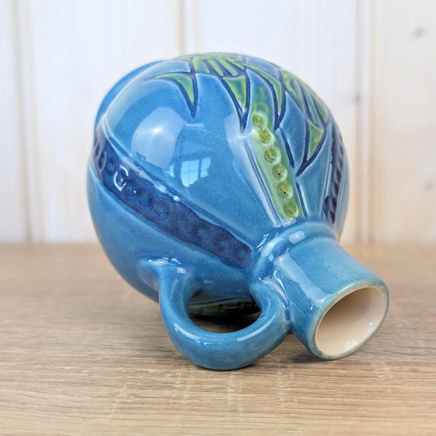 Malta ceramic jug, fish motif, blue glaze, ribbed body, 1960s, model K1