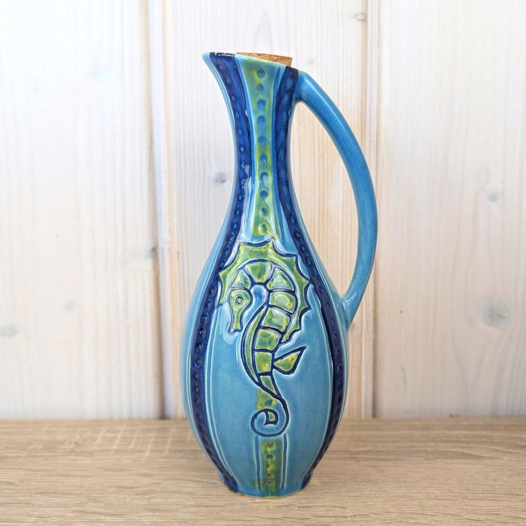 Maltese ceramic pitcher, seahorse relief, blue glaze, 1960s, model 83