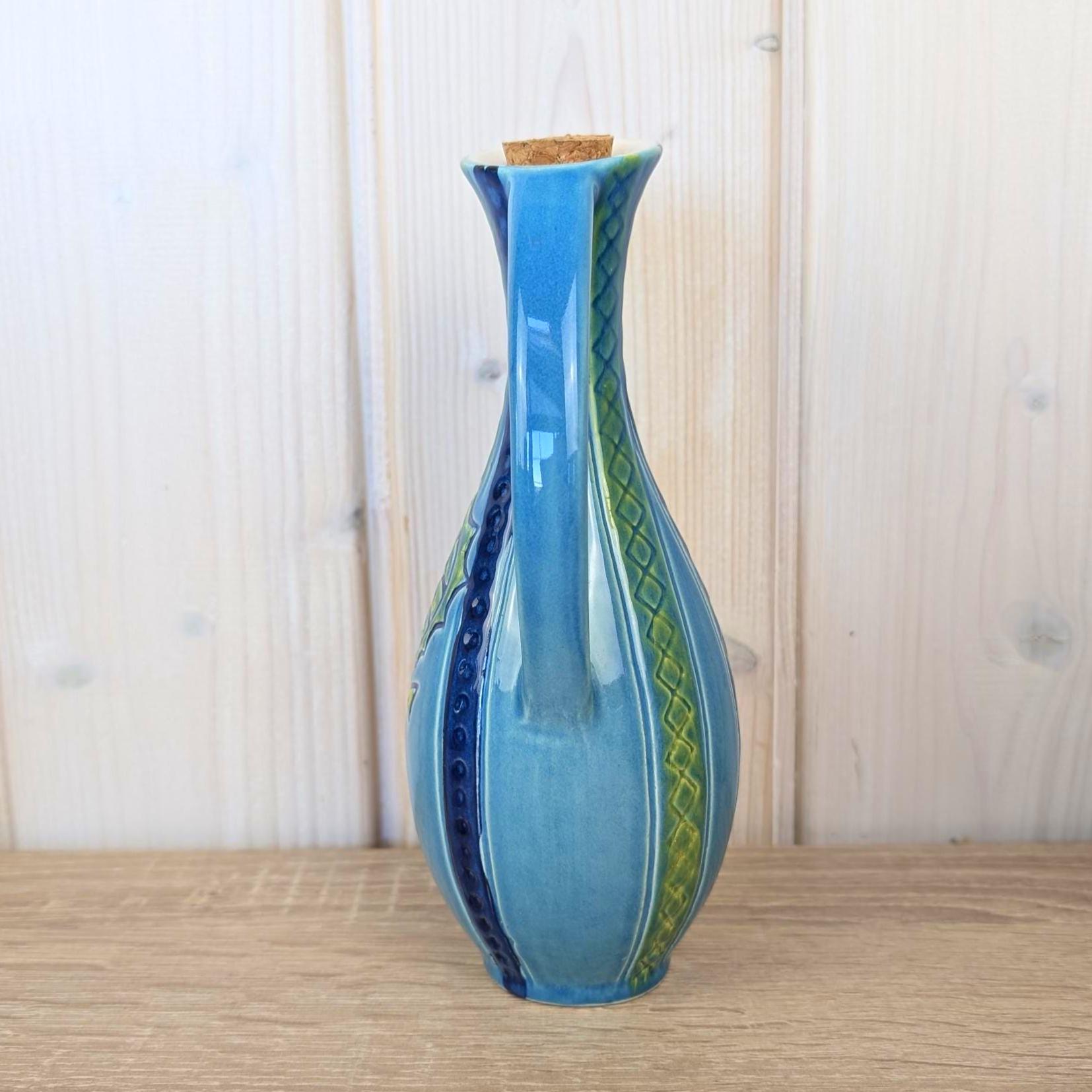 Maltese ceramic pitcher, seahorse relief, blue glaze, 1960s, model 83