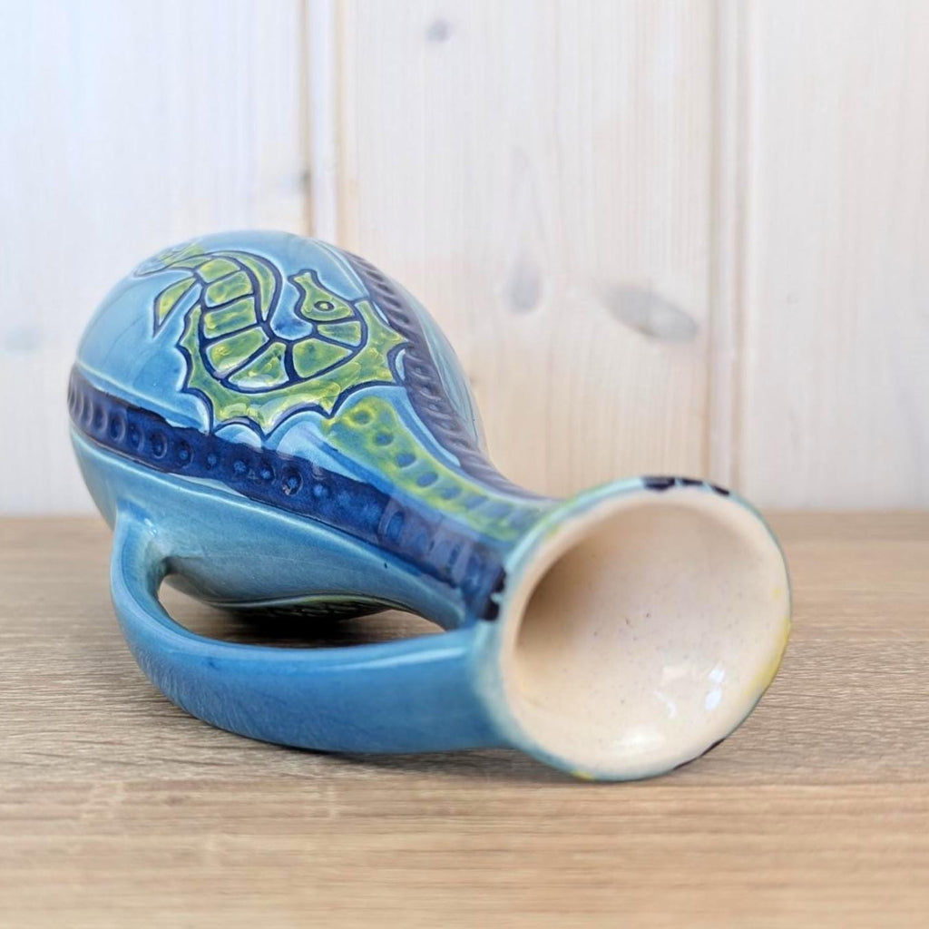 Maltese ceramic pitcher, seahorse relief, blue glaze, 1960s, model 83