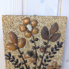 Seed Art Wall Panel, Folk Art Mosaic, Vase With Bouquet, Grains Acorns Nuts Beans, Signed, 1970s
