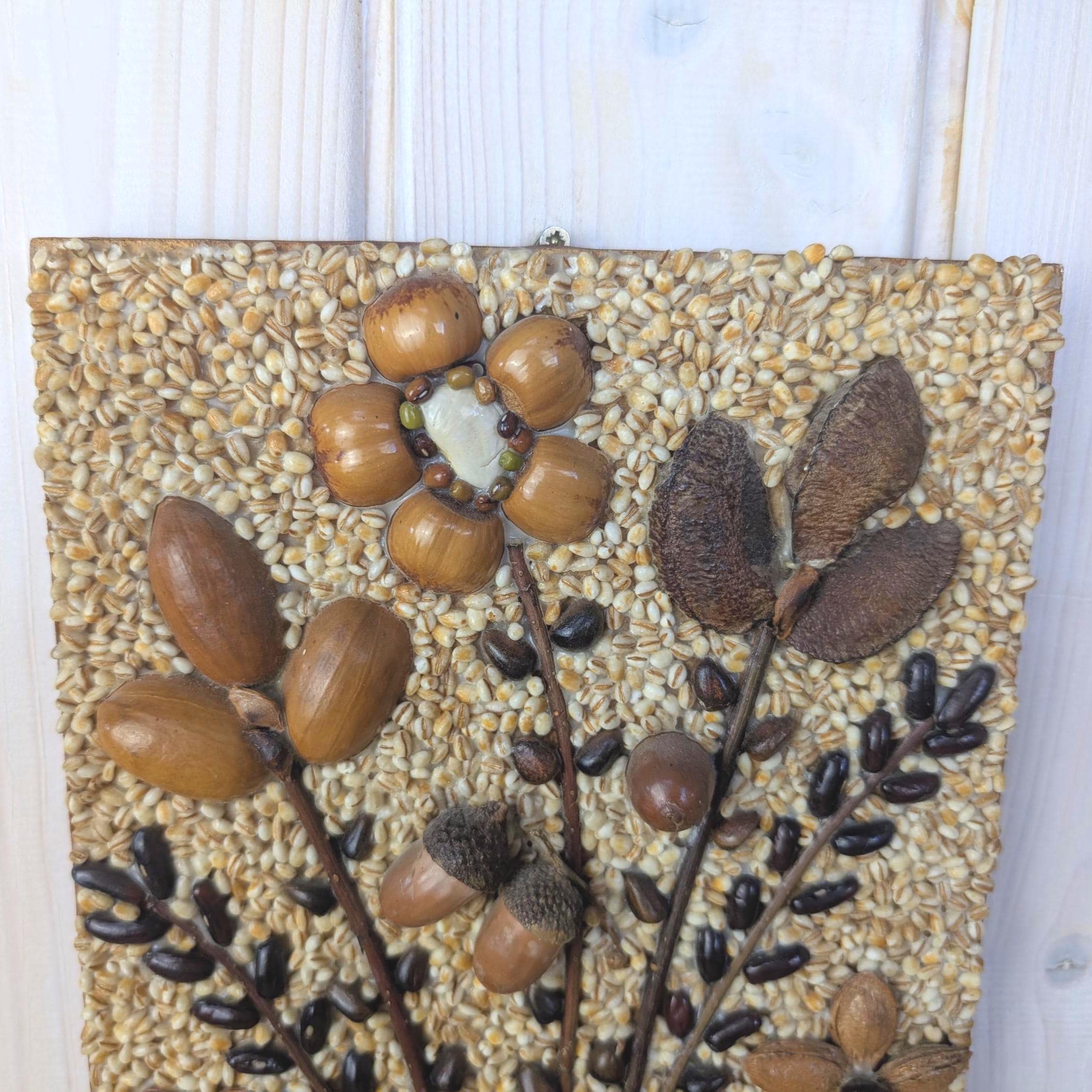 Seed Art Wall Panel, Folk Art Mosaic, Vase With Bouquet, Grains Acorns Nuts Beans, Signed, 1970s