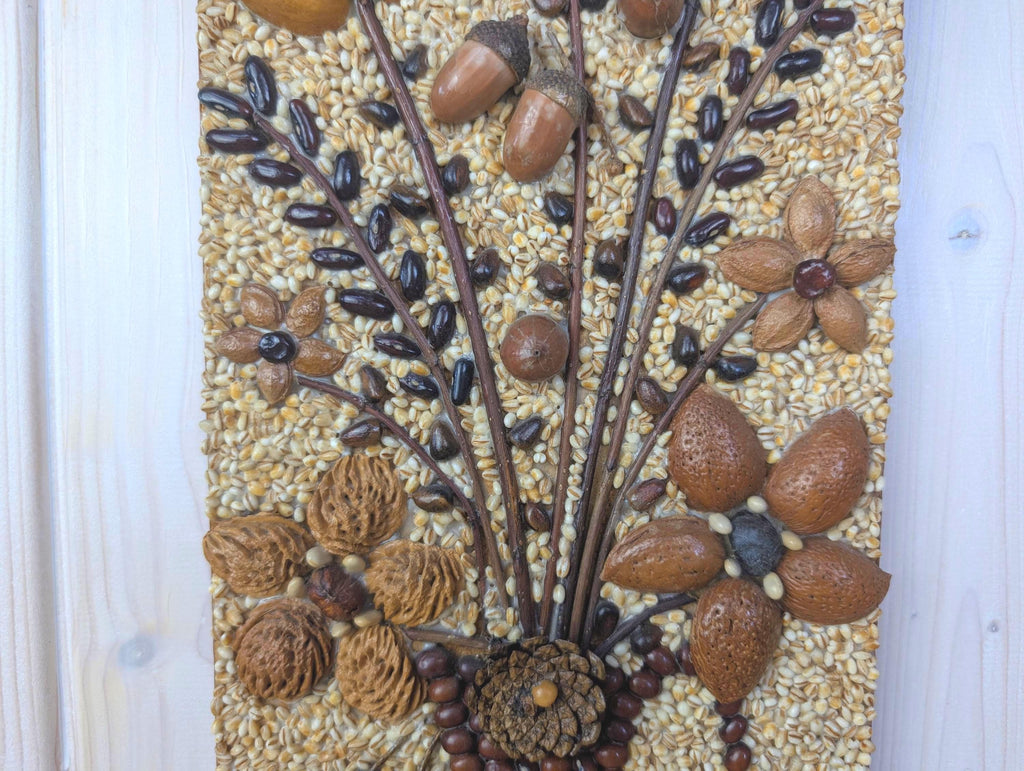 Seed Art Wall Panel, Folk Art Mosaic, Vase With Bouquet, Grains Acorns Nuts Beans, Signed, 1970s