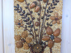 Seed Art Wall Panel, Folk Art Mosaic, Vase With Bouquet, Grains Acorns Nuts Beans, Signed, 1970s