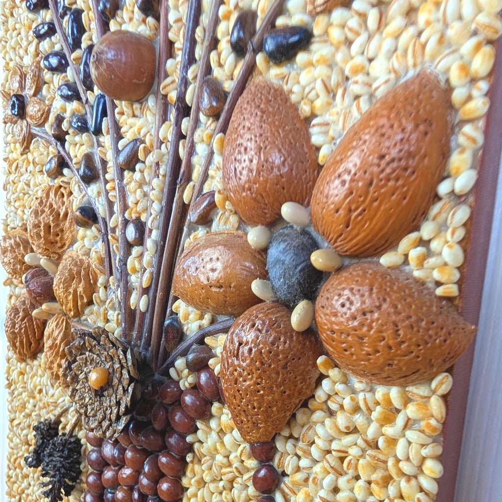Seed Art Wall Panel, Folk Art Mosaic, Vase With Bouquet, Grains Acorns Nuts Beans, Signed, 1970s