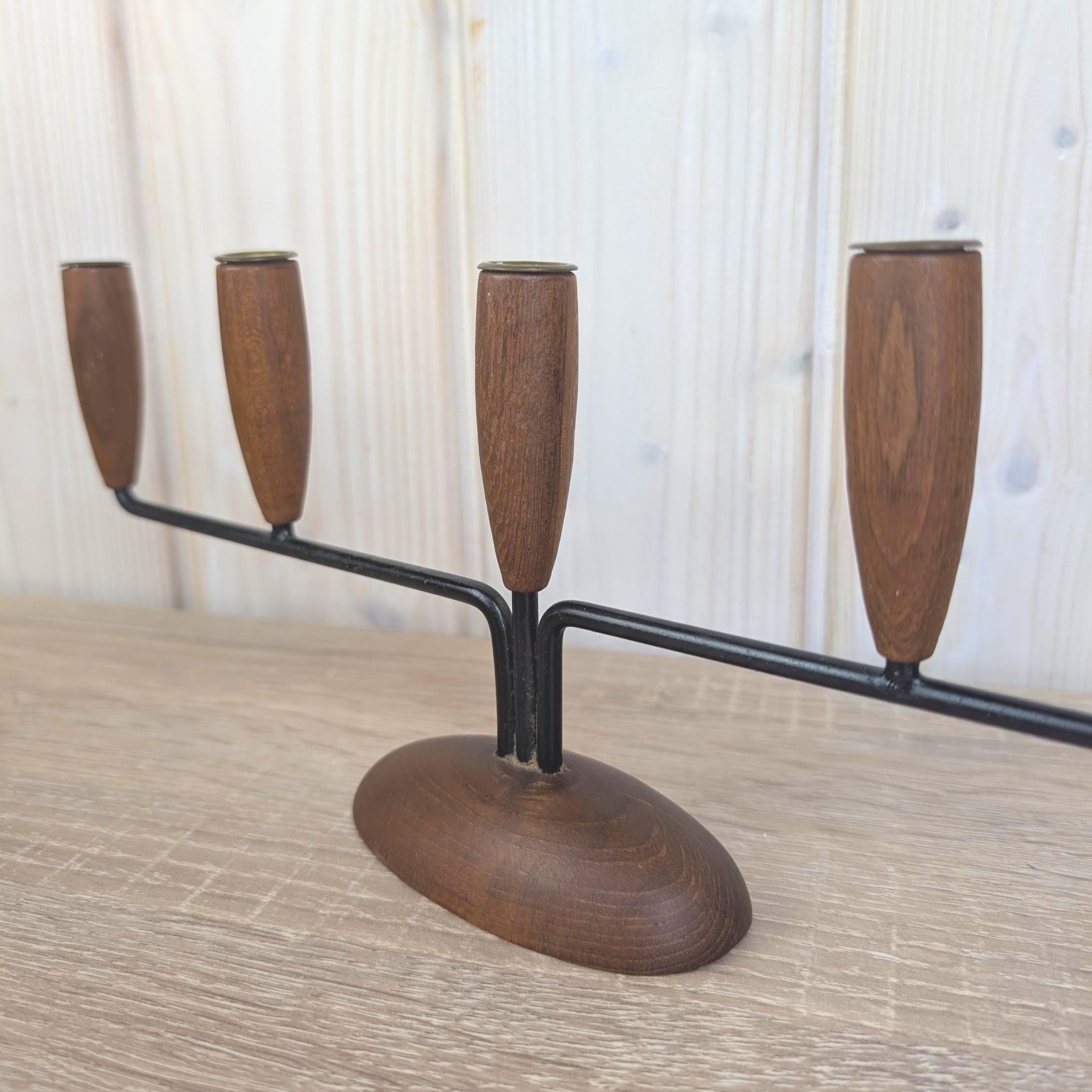 Lüthje Denmark 5-Arm Candelabra, Teak Iron Brass, Scandinavian Modern, 1960s