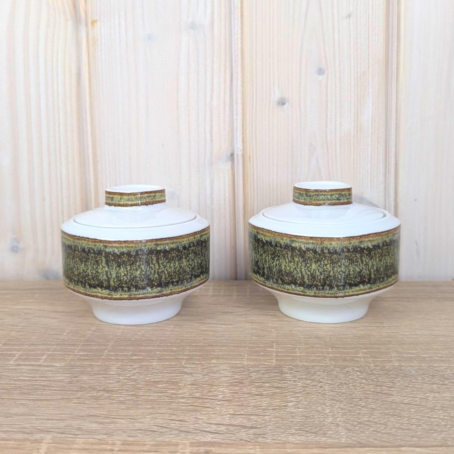 Eschenbach Bavaria Germany, Pair Square Lidded Bowls, White Porcelain, Sage Green Matte Glaze Band, 1960s