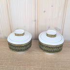 Eschenbach Bavaria Germany, Pair Square Lidded Bowls, White Porcelain, Sage Green Matte Glaze Band, 1960s