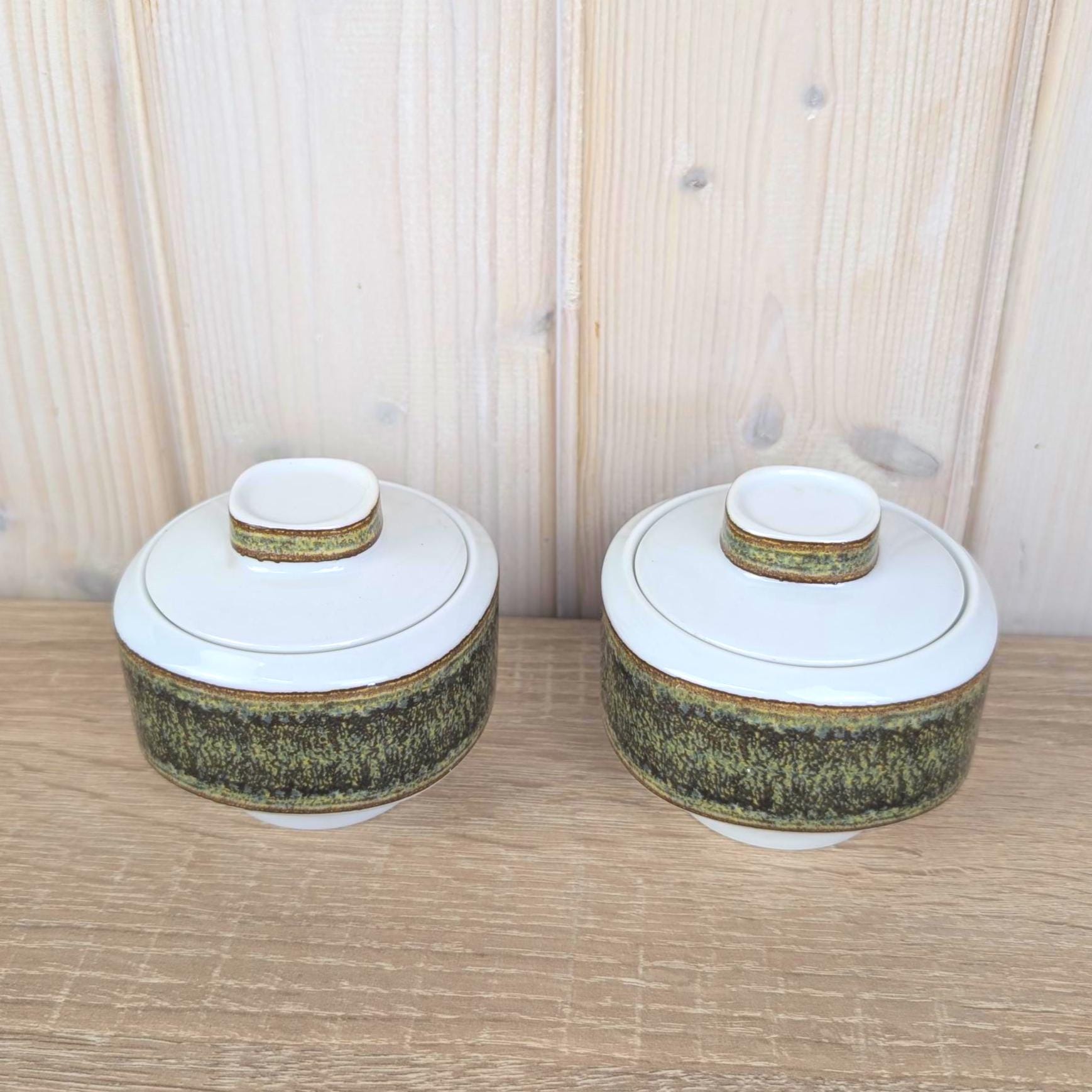 Eschenbach Bavaria Germany, Pair Square Lidded Bowls, White Porcelain, Sage Green Matte Glaze Band, 1960s