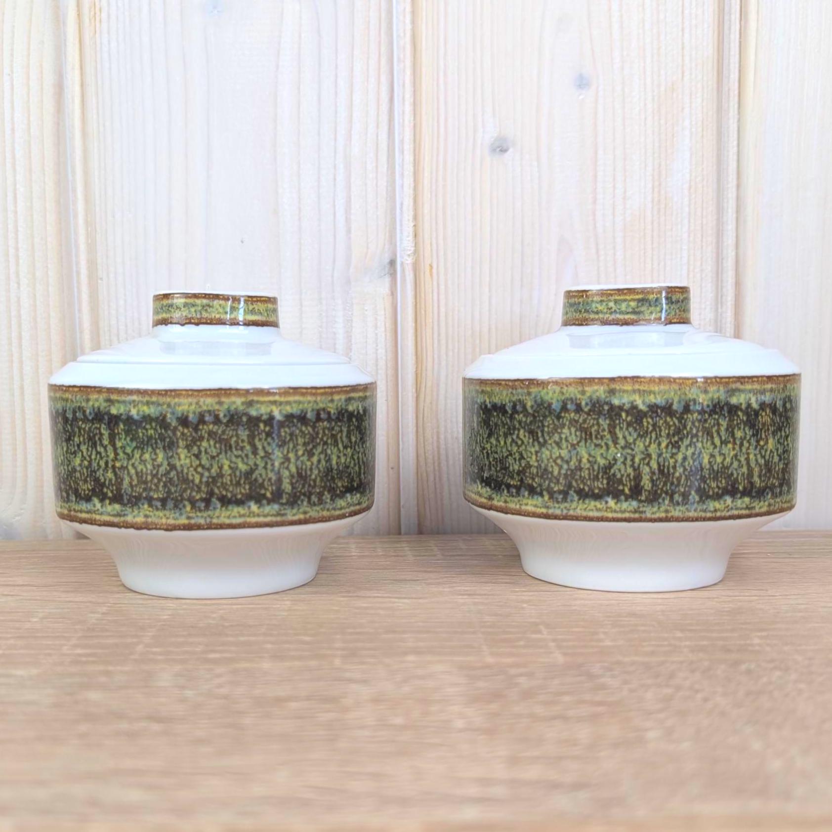 Eschenbach Bavaria Germany, Pair Square Lidded Bowls, White Porcelain, Sage Green Matte Glaze Band, 1960s