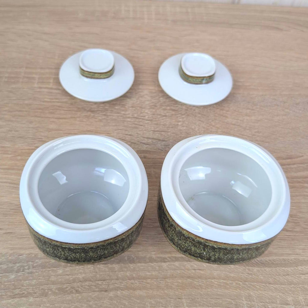 Eschenbach Bavaria Germany, Pair Square Lidded Bowls, White Porcelain, Sage Green Matte Glaze Band, 1960s