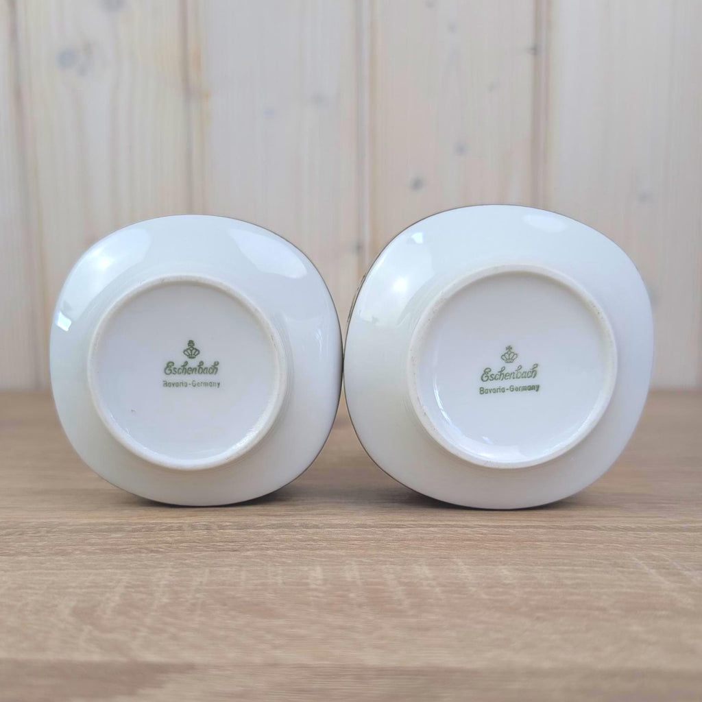 Eschenbach Bavaria Germany, Pair Square Lidded Bowls, White Porcelain, Sage Green Matte Glaze Band, 1960s