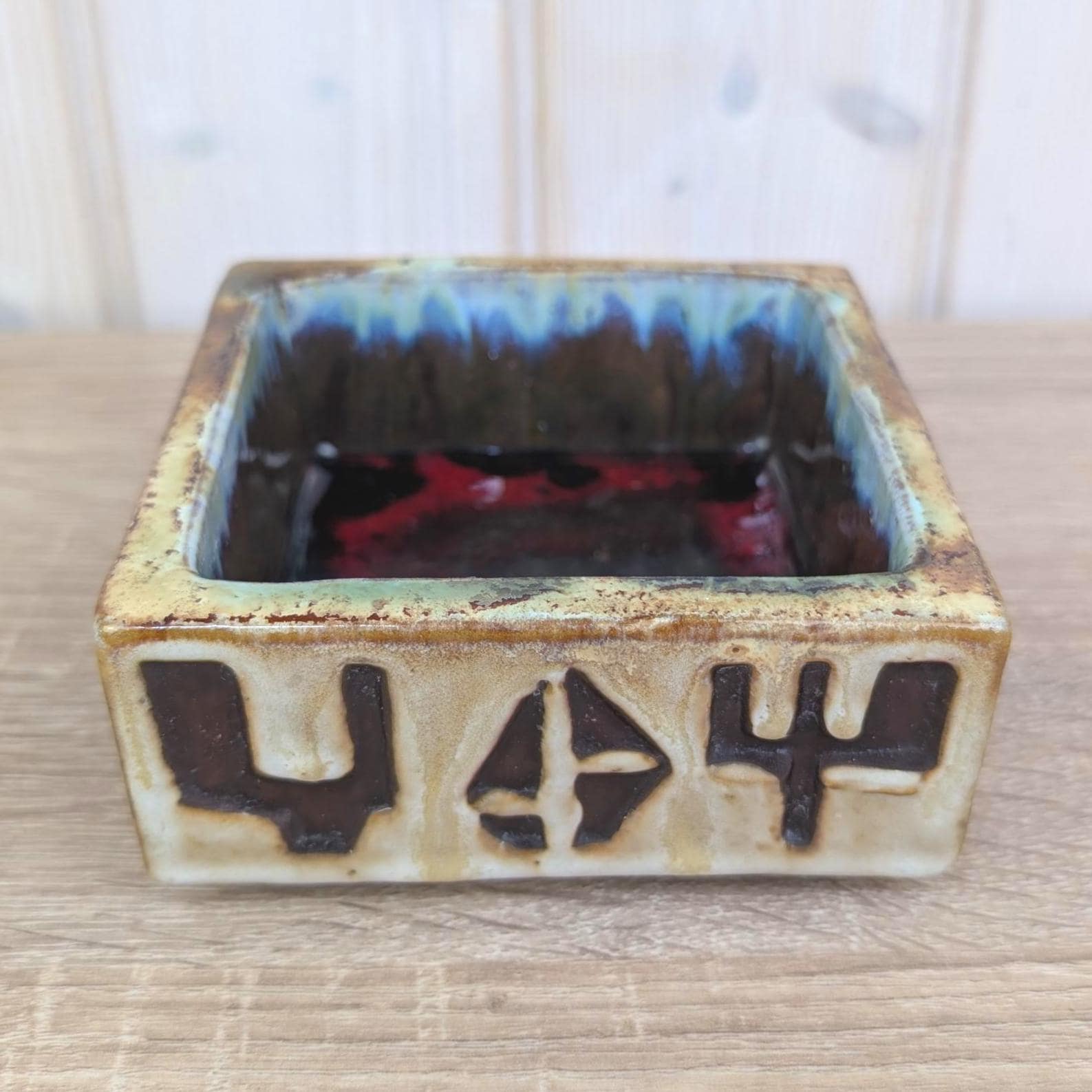 Schäffenacker Ceramic Ashtray Bowl Model 645, West German Studio Pottery, 1960s, Abstract Relief, Drip Glaze