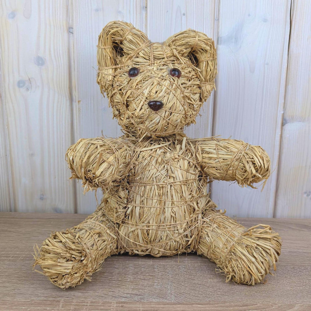 Handmade Raffia Straw Teddy Bear, Natural Folk Art Bear Figurine, Boho Home Decor, 1980s, Choose Size