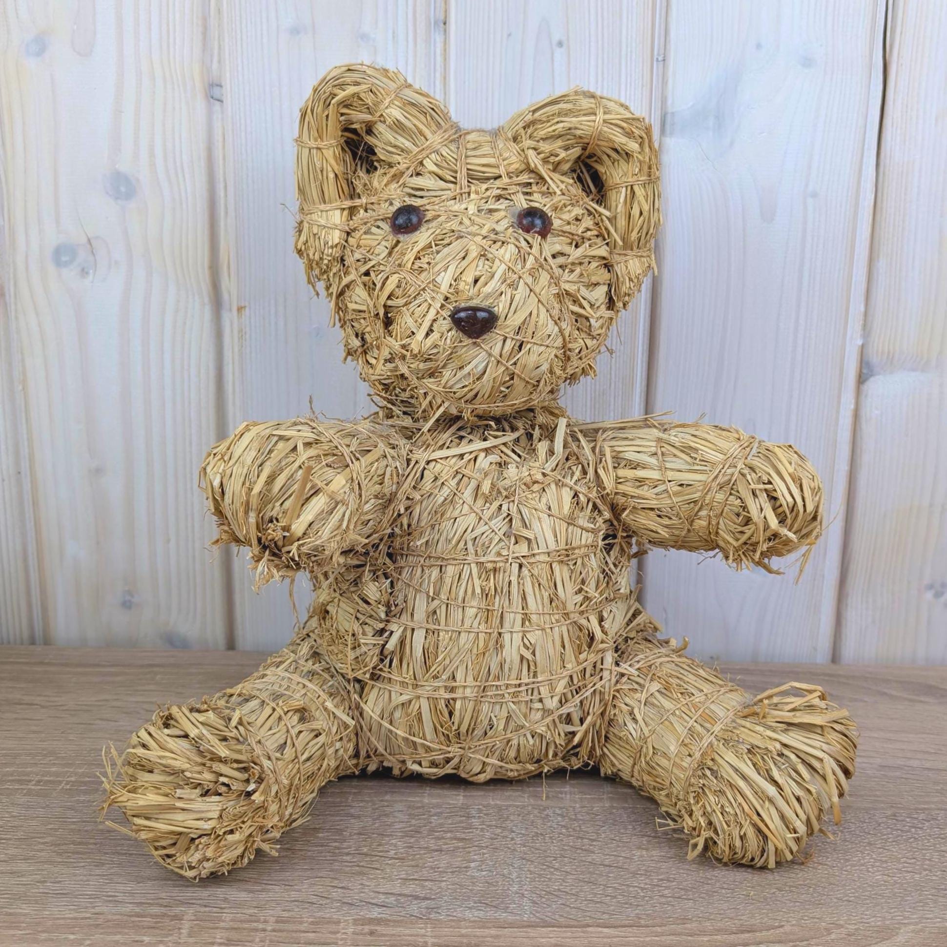Handmade Raffia Straw Teddy Bear, Natural Folk Art Bear Figurine, Boho Home Decor, 1980s, Choose Size