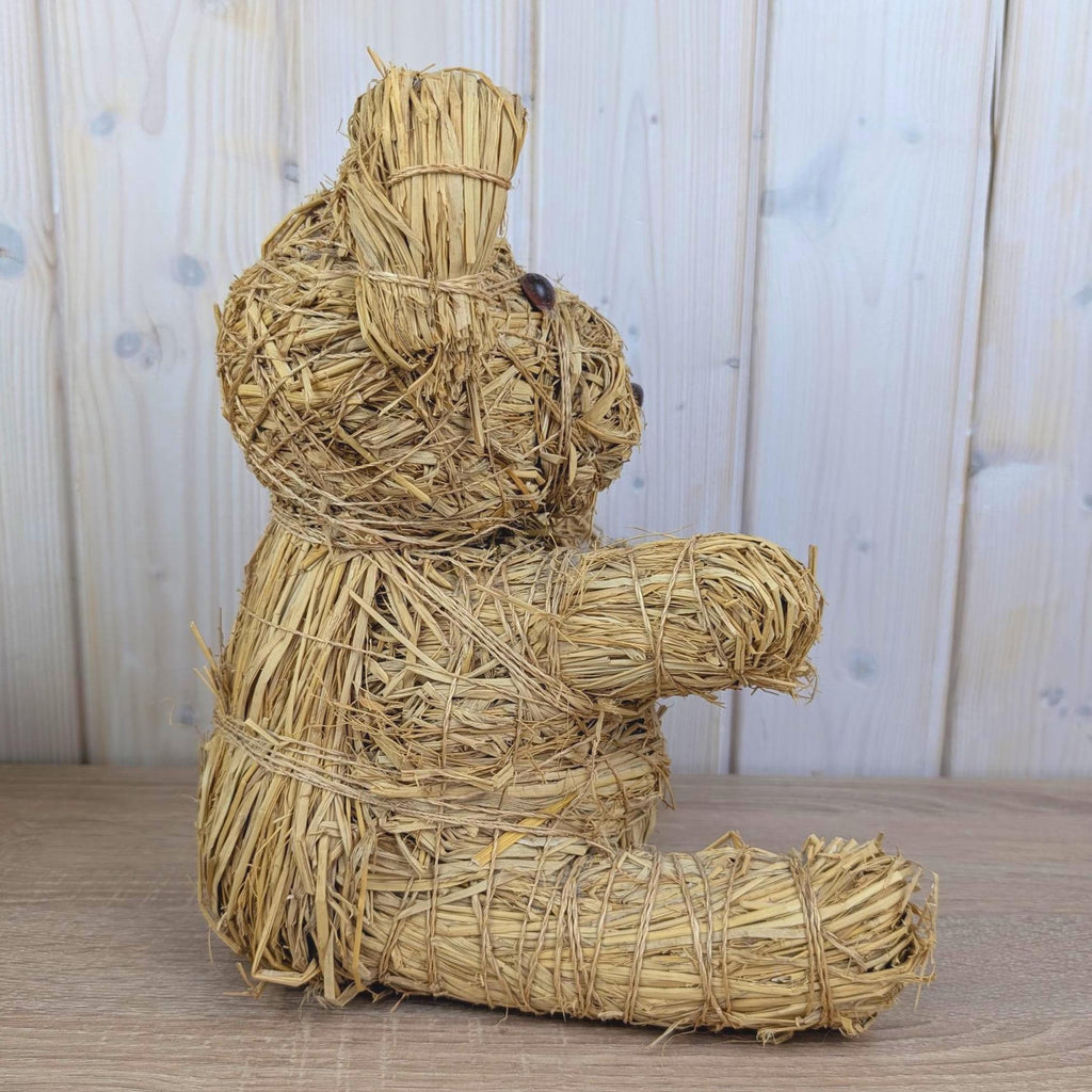 Handmade Raffia Straw Teddy Bear, Natural Folk Art Bear Figurine, Boho Home Decor, 1980s, Choose Size