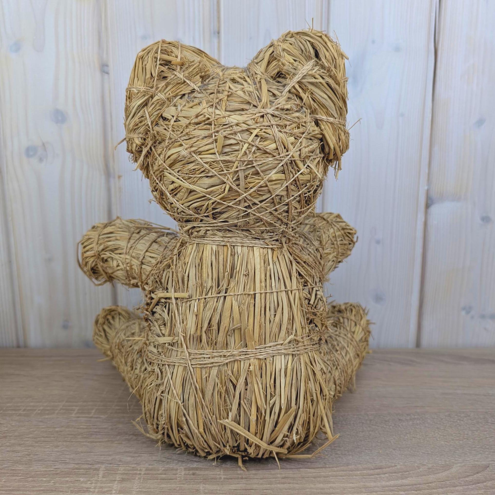 Handmade Raffia Straw Teddy Bear, Natural Folk Art Bear Figurine, Boho Home Decor, 1980s, Choose Size