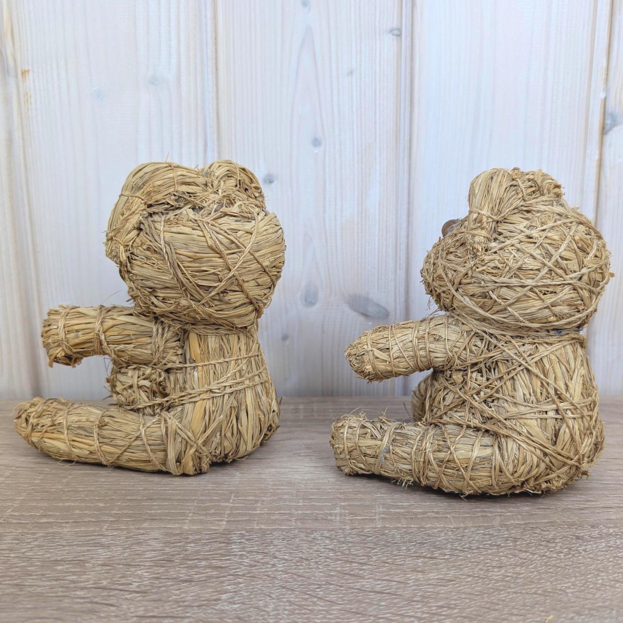 Handmade Raffia Straw Teddy Bear, Natural Folk Art Bear Figurine, Boho Home Decor, 1980s, Choose Size
