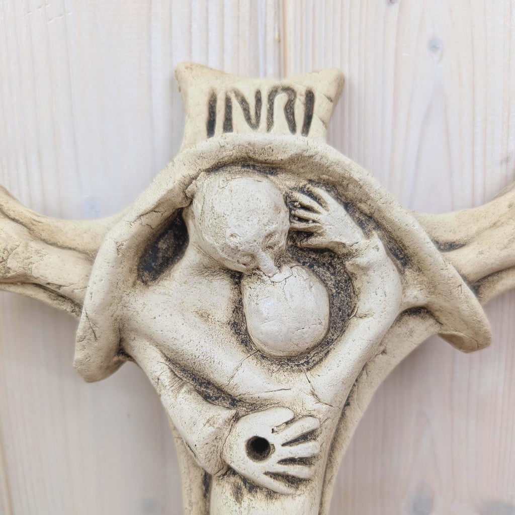 Handmade Ceramic Crucifix INRI, Jesus Embracing Follower, Priest-Made Folk Religious Art, Vintage Wall Cross, 1970s Studio Ceramic