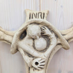 Handmade Ceramic Crucifix INRI, Jesus Embracing Follower, Priest-Made Folk Religious Art, Vintage Wall Cross, 1970s Studio Ceramic