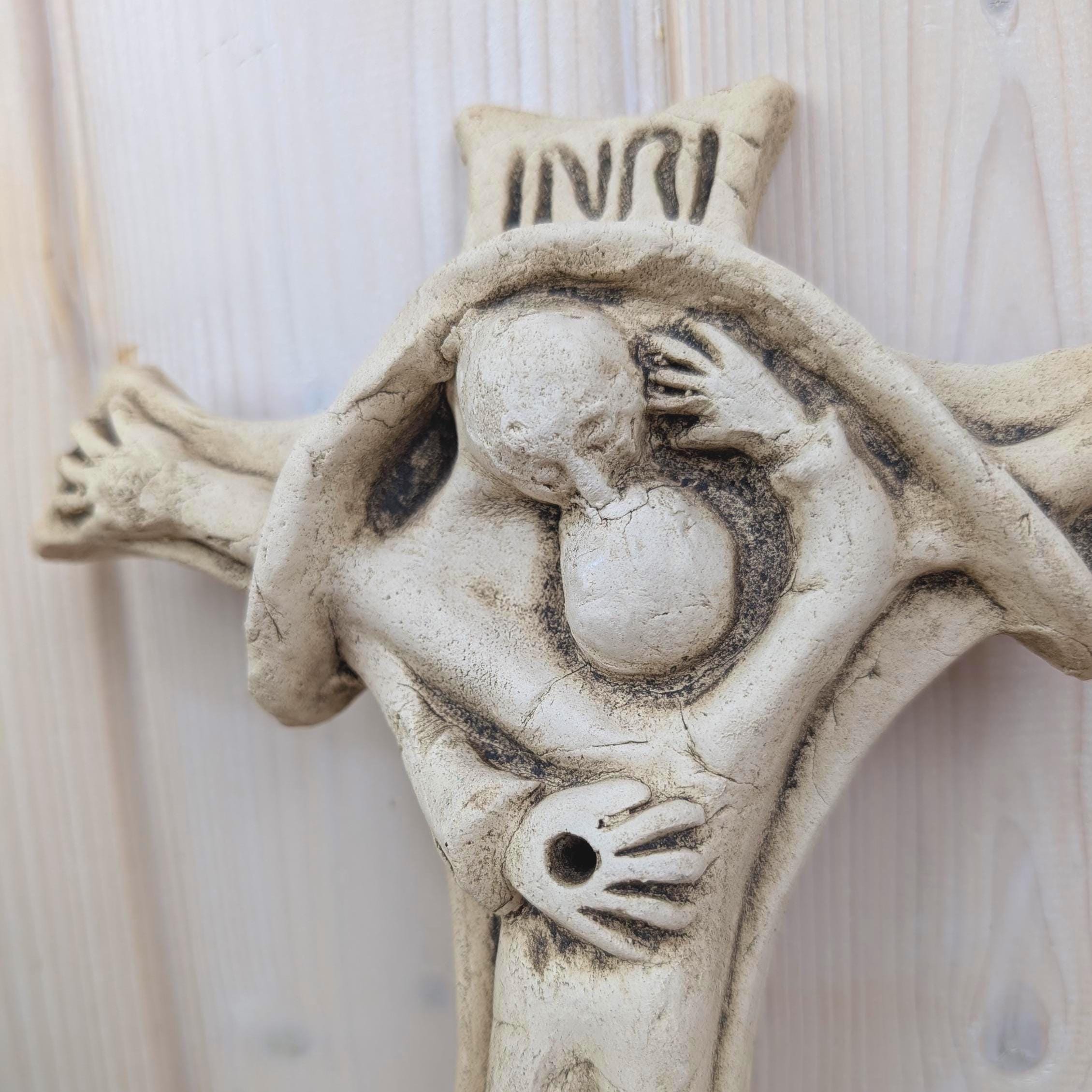 Handmade Ceramic Crucifix INRI, Jesus Embracing Follower, Priest-Made Folk Religious Art, Vintage Wall Cross, 1970s Studio Ceramic