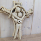 Handmade Ceramic Crucifix INRI, Jesus Embracing Follower, Priest-Made Folk Religious Art, Vintage Wall Cross, 1970s Studio Ceramic