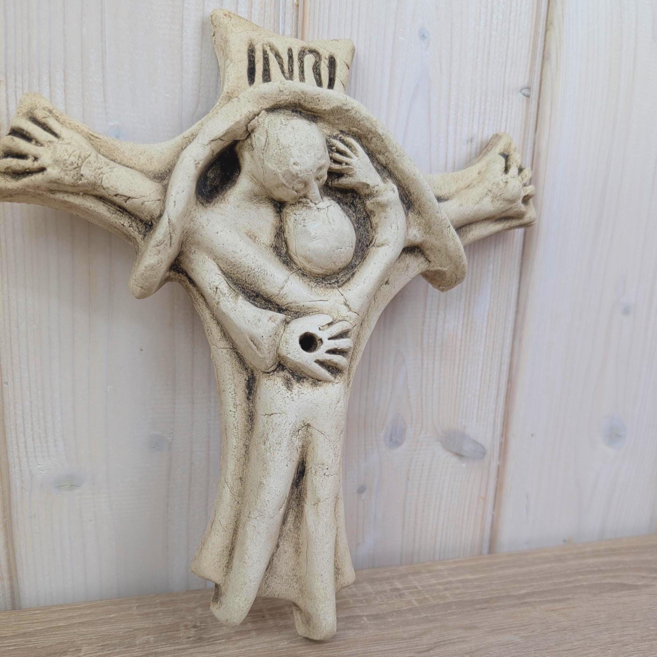 Handmade Ceramic Crucifix INRI, Jesus Embracing Follower, Priest-Made Folk Religious Art, Vintage Wall Cross, 1970s Studio Ceramic