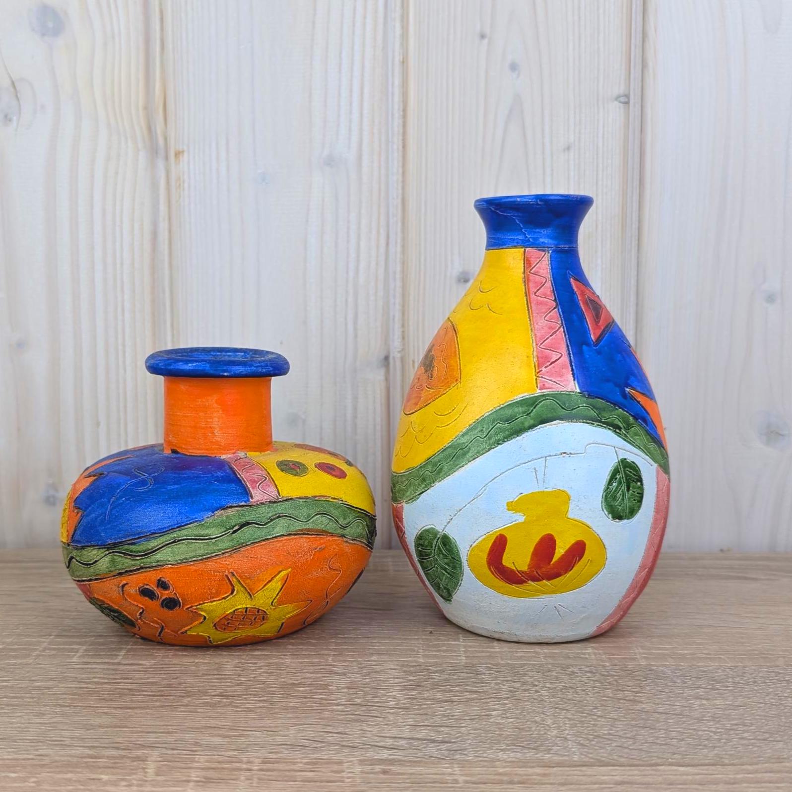 Sgraffito Ceramic Vase, Colorful Mediterranean Folk Art, Sun Fish Abstract Decor, 1960s Studio Pottery, Choose Single or Set of Two