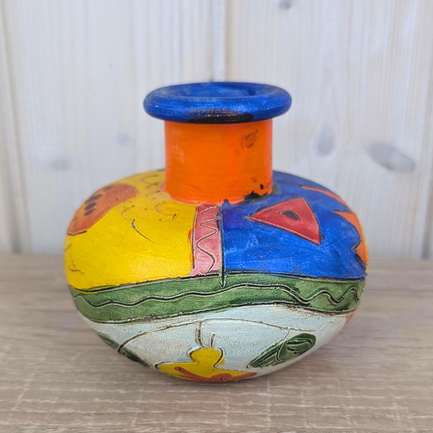 Sgraffito Ceramic Vase, Colorful Mediterranean Folk Art, Sun Fish Abstract Decor, 1960s Studio Pottery, Choose Single or Set of Two