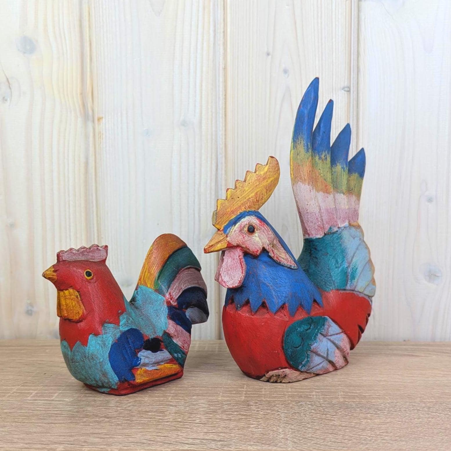Hand Carved Wooden Rooster Pair, Colorful Folk Art, Vintage Farmhouse Decor, 1970s, Set of Two