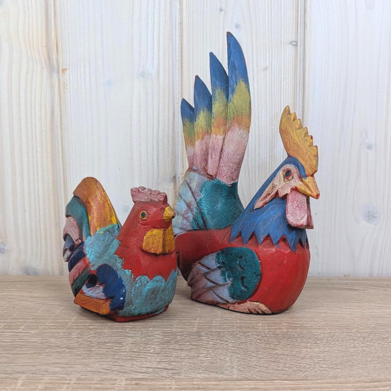 Hand Carved Wooden Rooster Pair, Colorful Folk Art, Vintage Farmhouse Decor, 1970s, Set of Two